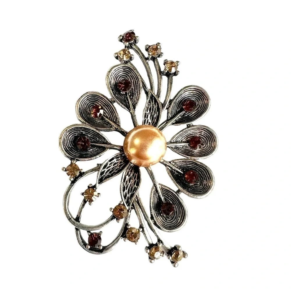 Vintage Floral Brooch Pin Pendant Champagne Amber Rhinestone Rose Gold Center